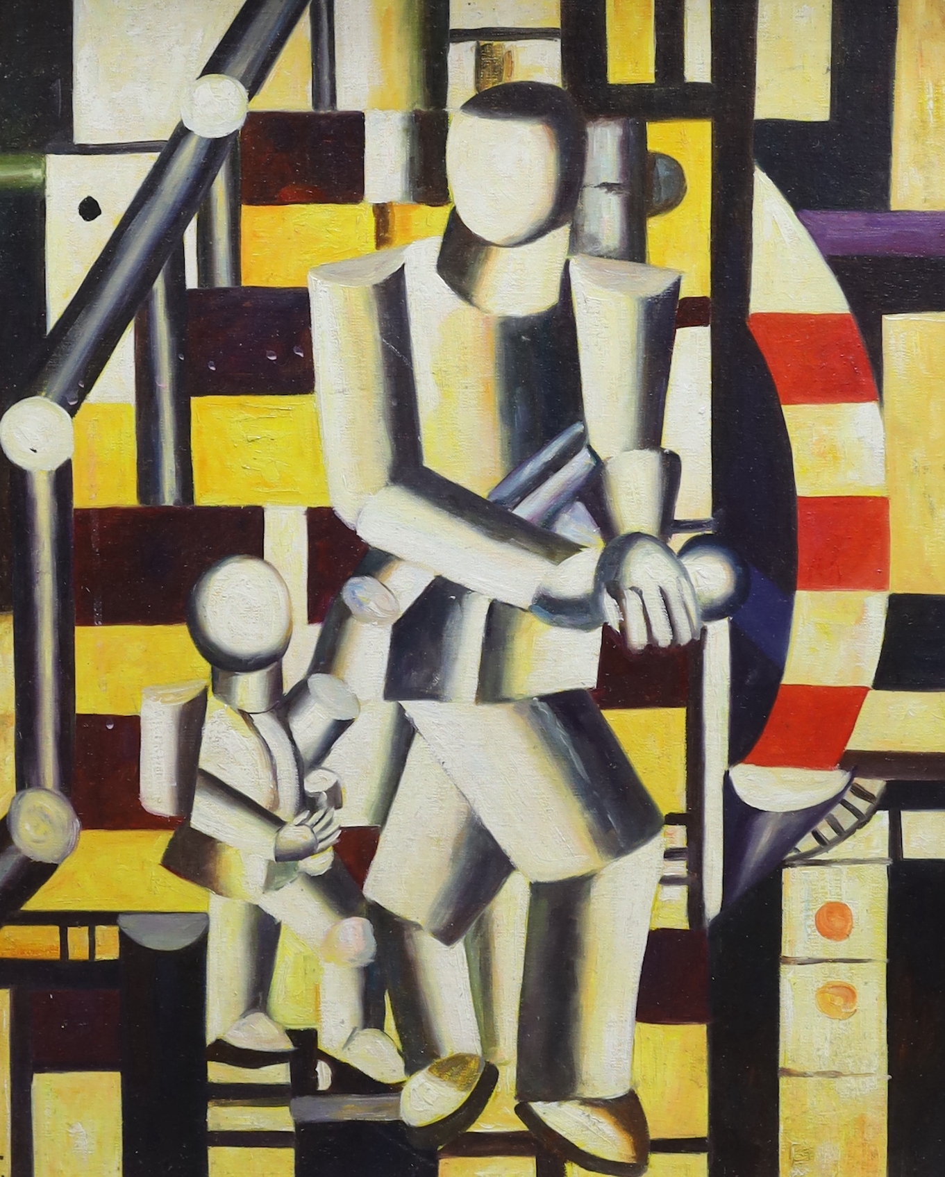 Manner of Fernand Leger (French, 1881-1955), oil on board, Surreal composition, figures, 60 x 49cm